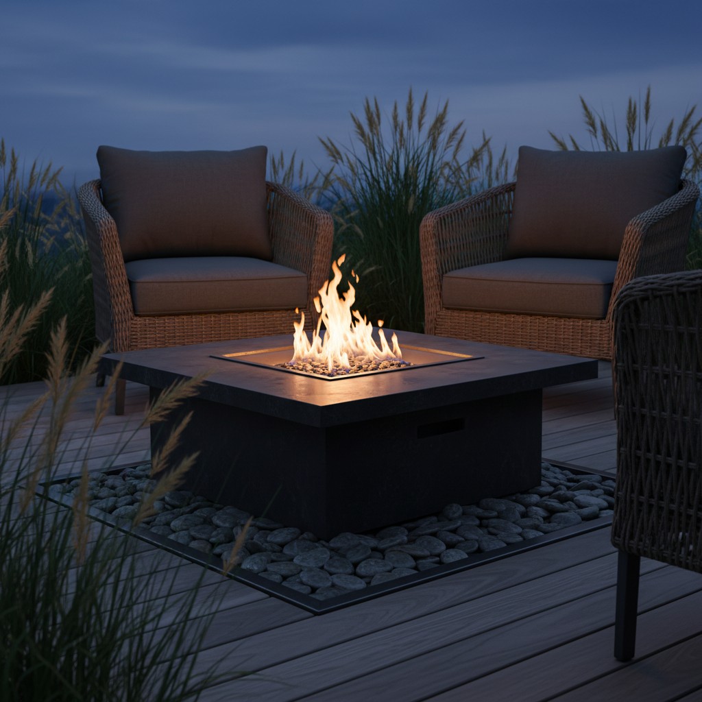 A modern gray fire pit burns with golden flames on a deck of light wood boards, surrounded by pebbles, amid two wicker cha...