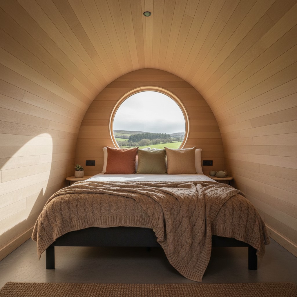 A cozy bedroom with a round window, featuring a bed and nightstands against curved wood paneling, offering a serene natura...